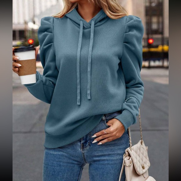 Cozy gigot sleeve drawstring hoodie olive green - Picture 7 of 15